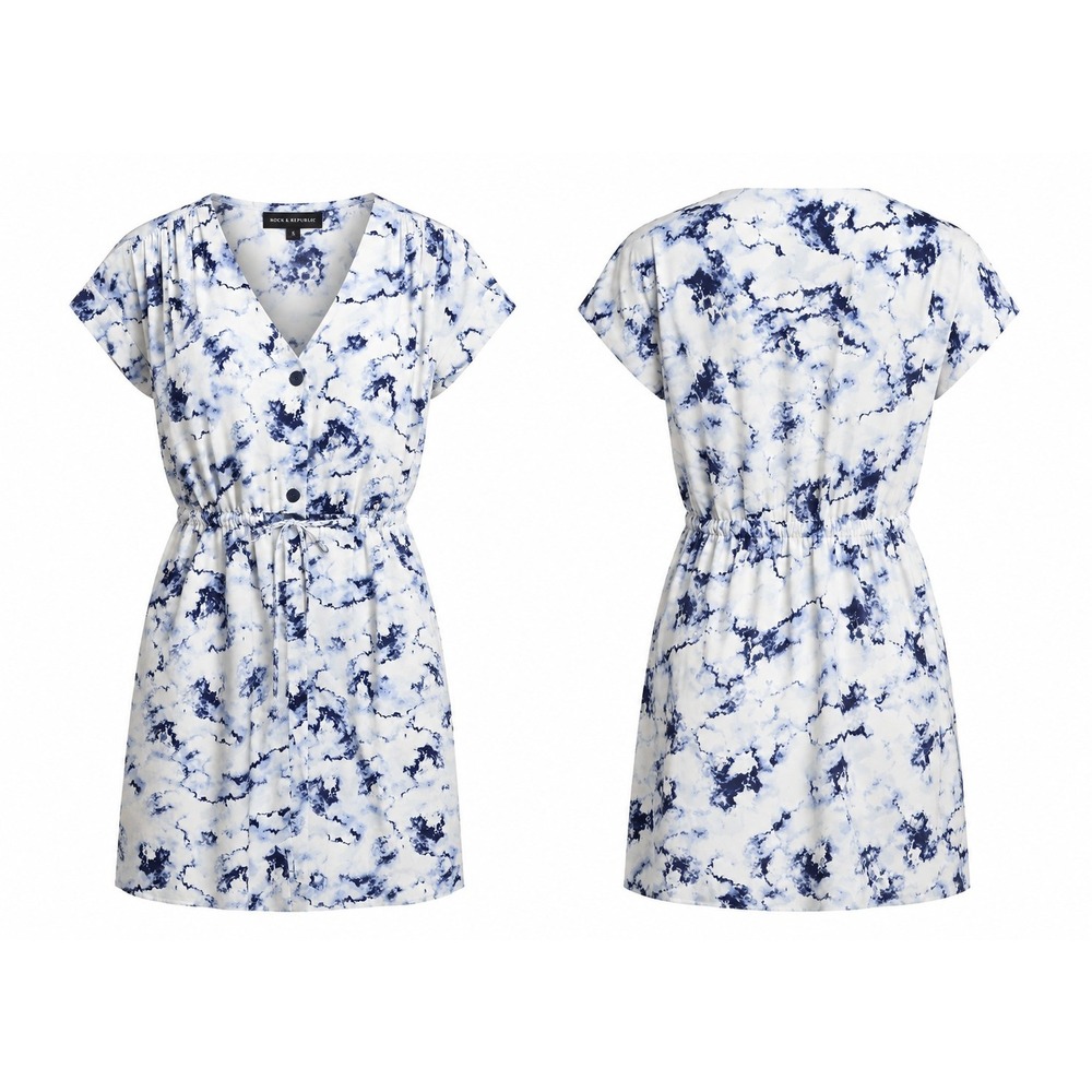Rock & Republic Blue/White Tie Dye Tie-Waist Shirt Dress Women's Large